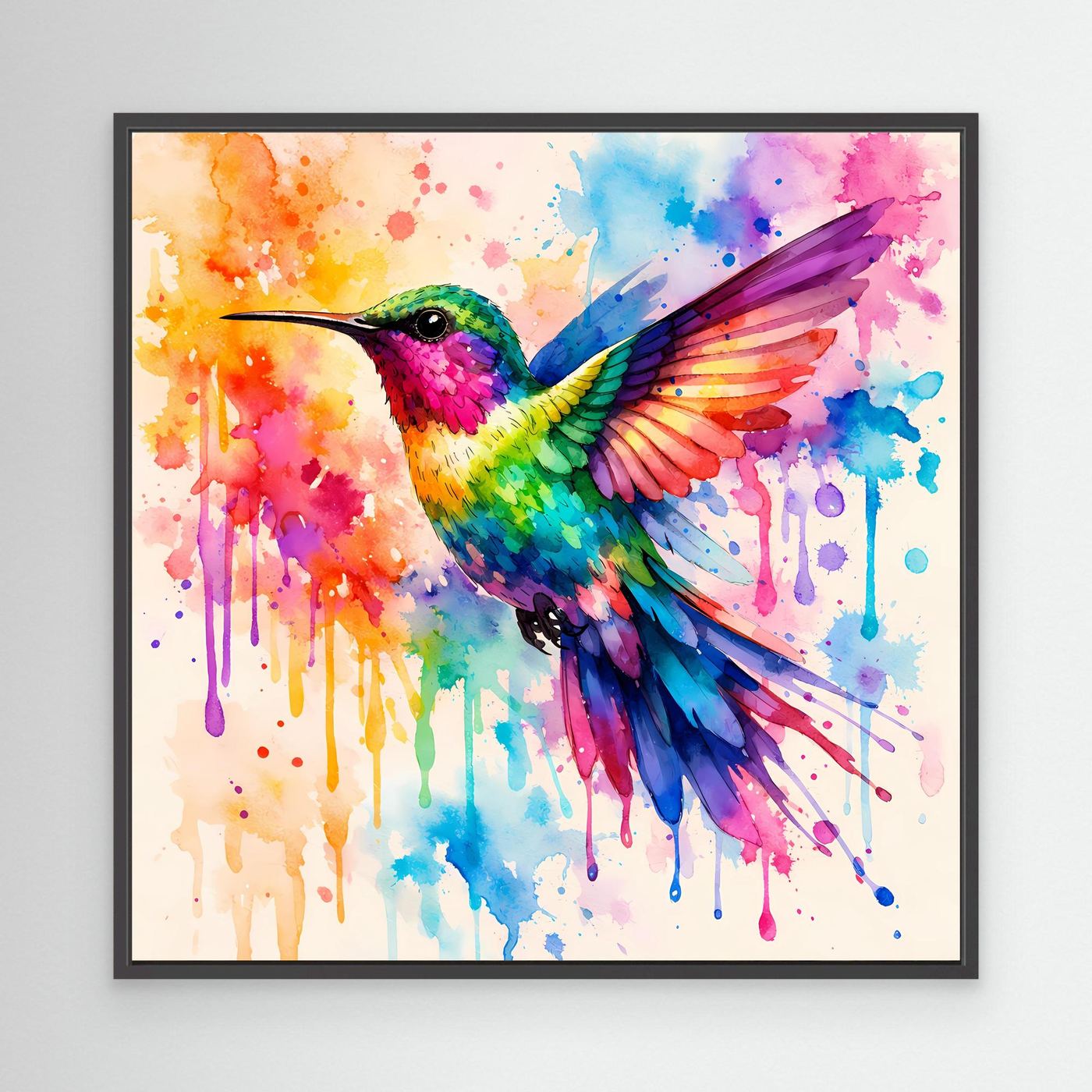Leinwandbild Kolibri im Aquarell, farbenfroher Vogel mit schwarzem Rahmen