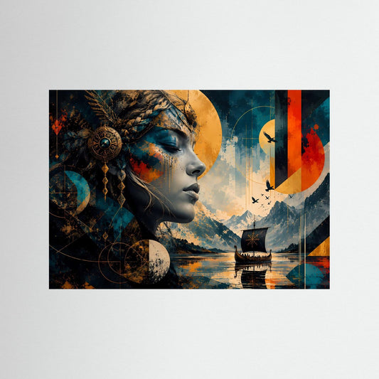 Wandbild mit Wikingerin im Profil, blau-goldene Abstraktion und Wikingerschiff