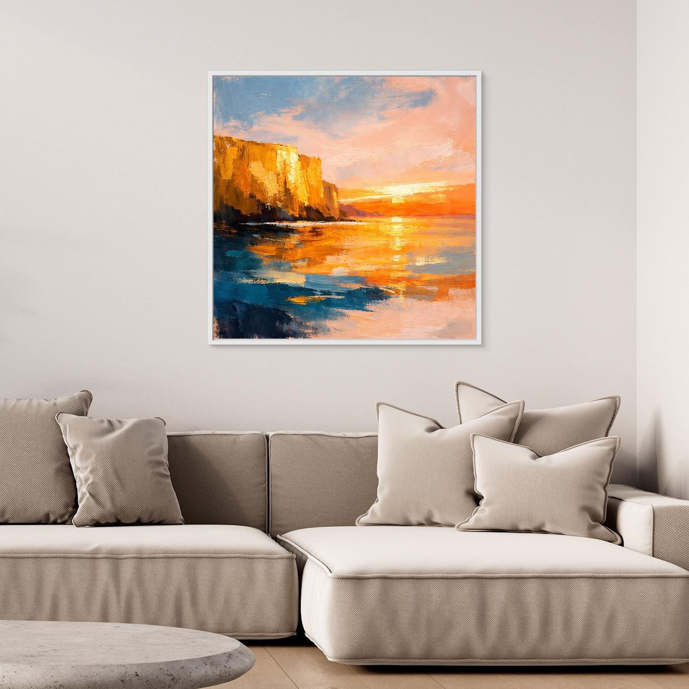 Leinwand Goldener Sonnenuntergang an der Steilküste | Abstraktes Meeres Wandbild