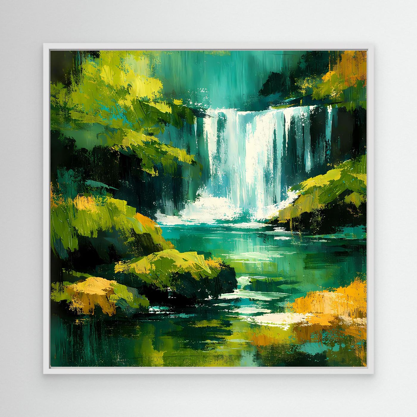 Wandbild mit abstraktem Dschungel-Wasserfall in Grün, Gelb und Türkis, weiß gerahmt