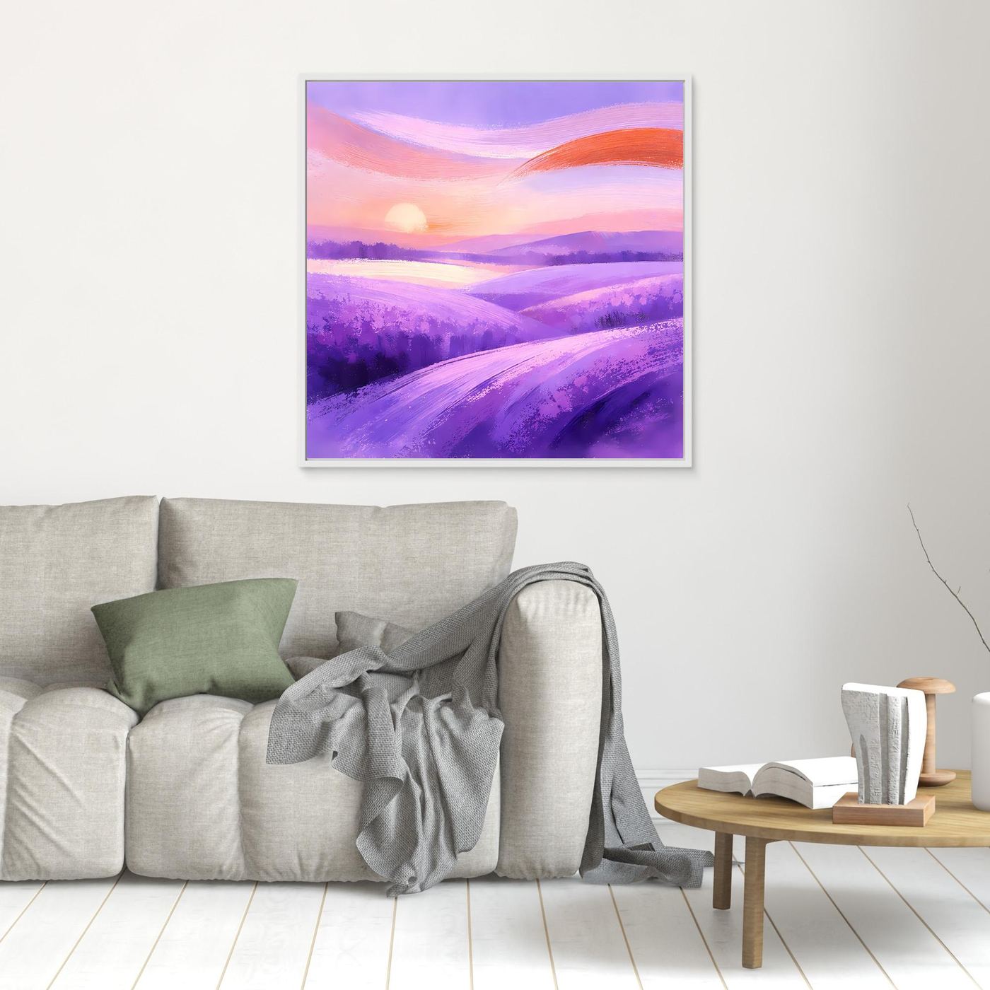 Kleines Leinwandbild mit abstraktem Lavendelfeld und orangefarbenem Himmel, weiß gerahmt
