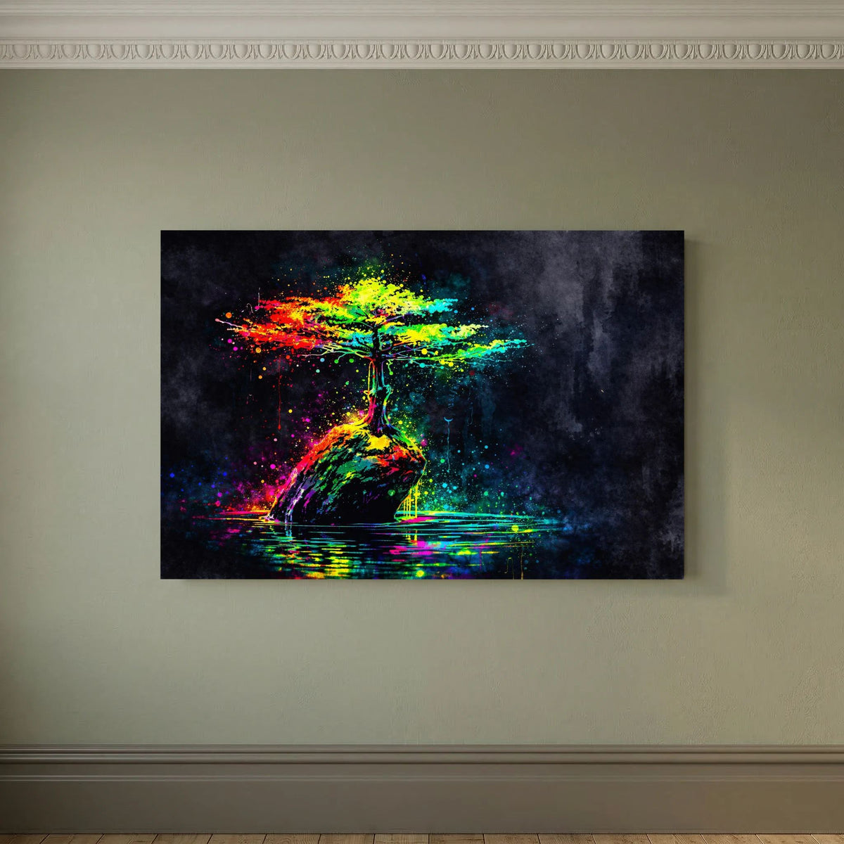 Wandbild mit abstraktem Lebensbaum-Motiv, neonfarbene Äste und Lichtreflex unten