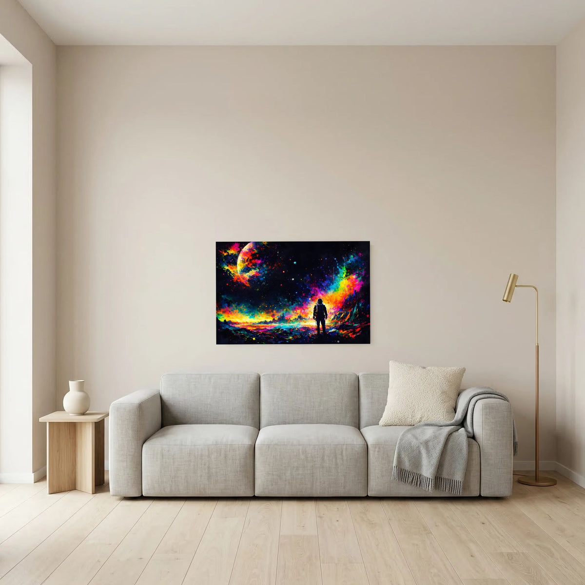 Weltraum-Poster mit Astronautensilhouette und kräftigen Regenbogen-Farbfeldern