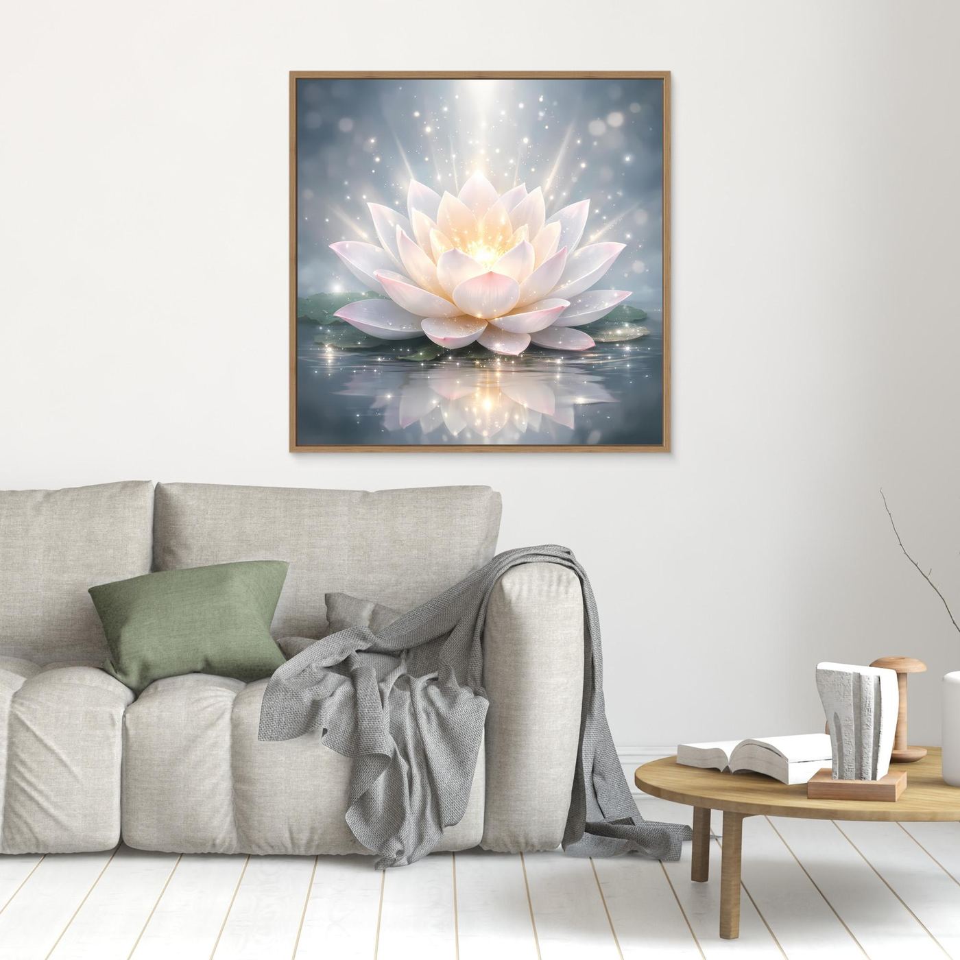 Kleines Leinwandbild mit leuchtender Lotusblüte in Pastelltönen, goldbrauner Holzrahmen.