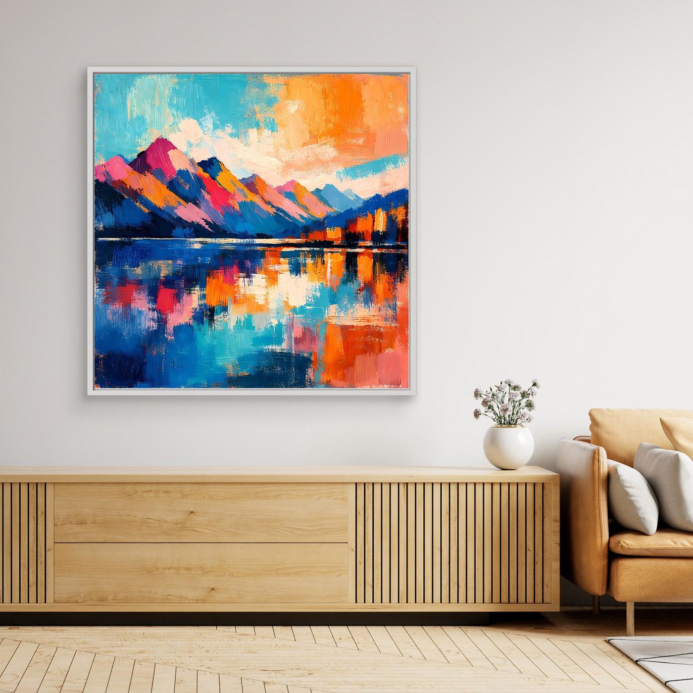 Weiß gerahmtes Leinwand-Wandbild mit abstrakter Berglandschaft und See in kräftigen Farben