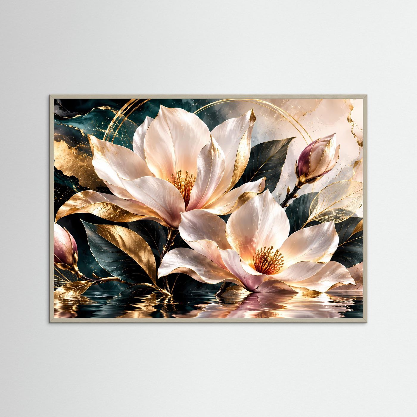 Magnolienblüten Poster | Elegante Botanische Wandkunst | Weiße Magnolie mit Gold | Luxuriöse Blumen Leinwand | Moderne Floral Art