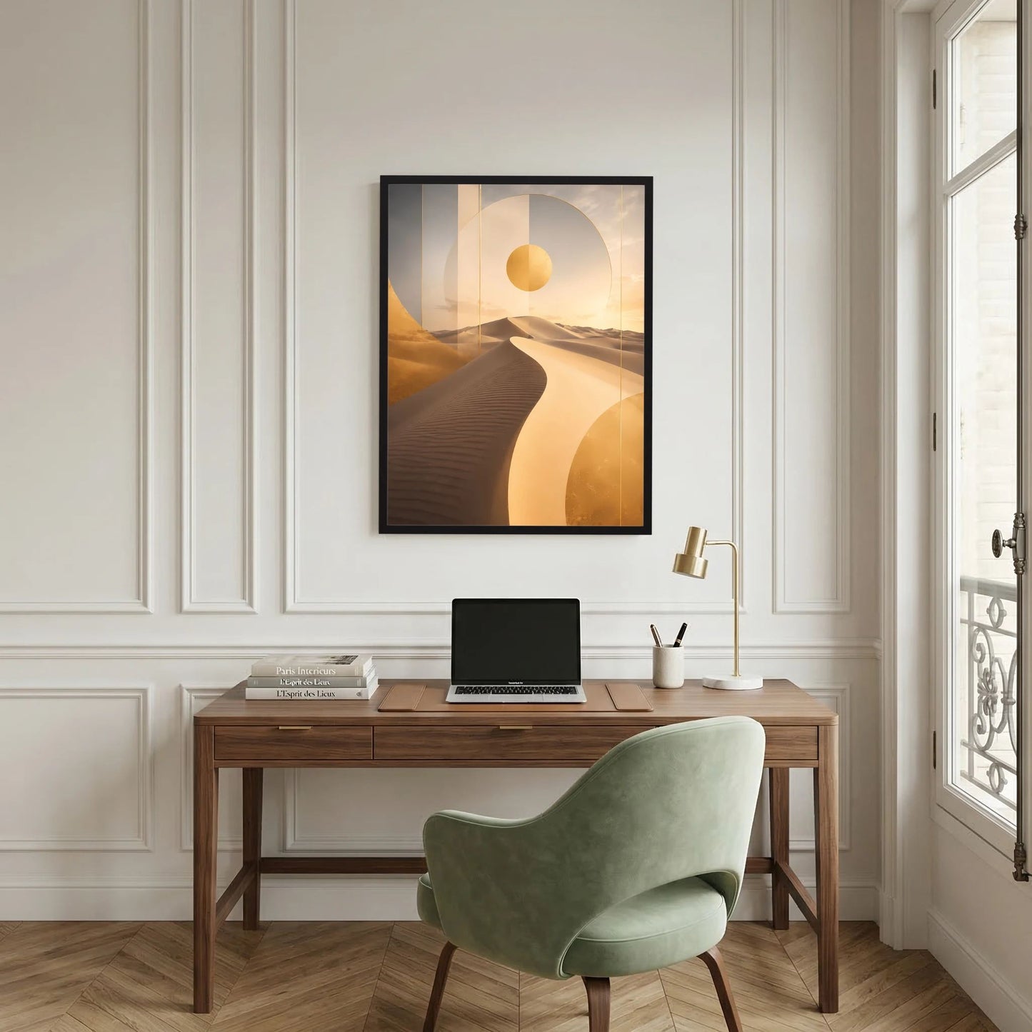 Hochformatiges Poster mit abstrakter Dünenlandschaft und goldener Sonne im schwarzen Rahmen