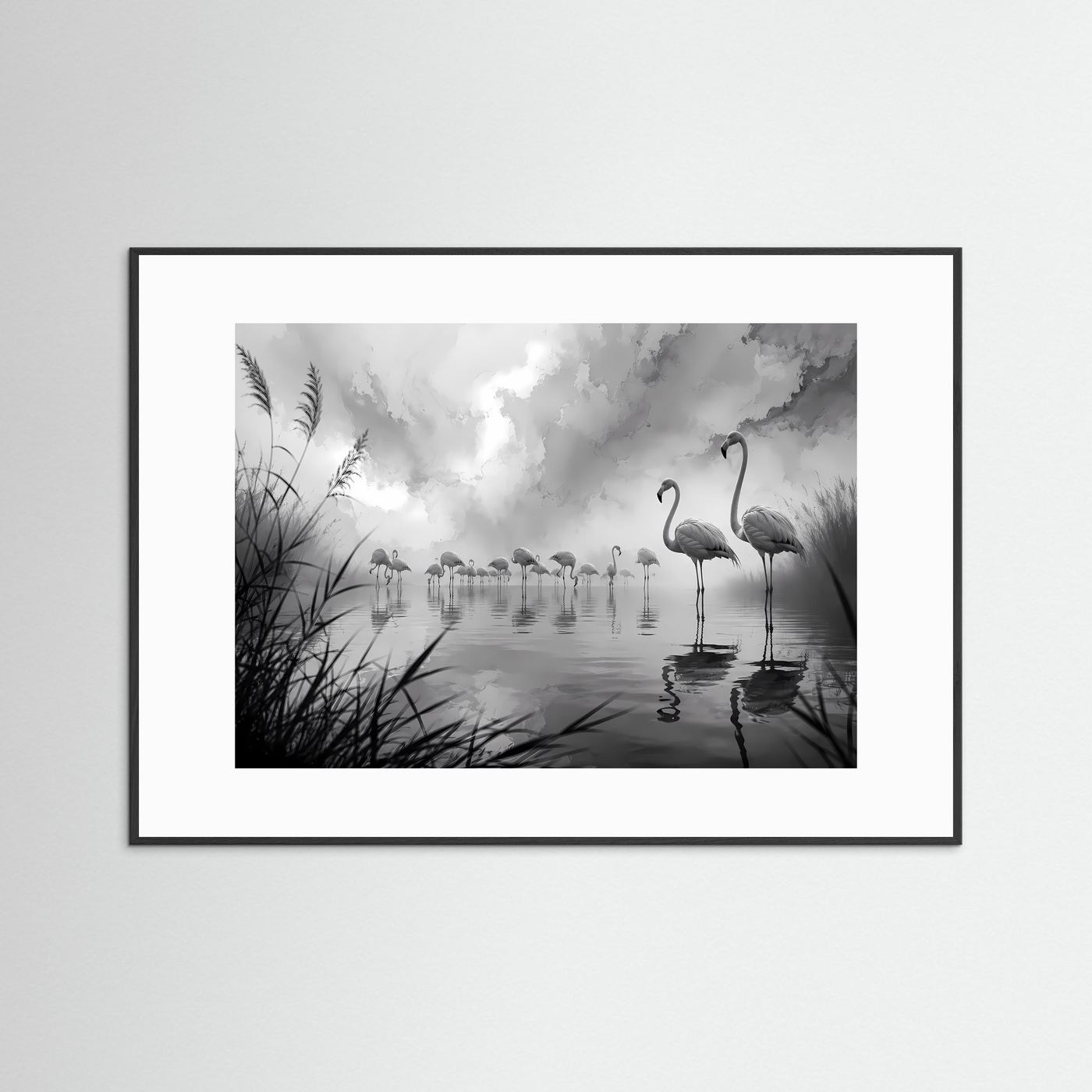 Flamingos im Nebel Schwarz-Weiß | Elegante Natur Wandkunst