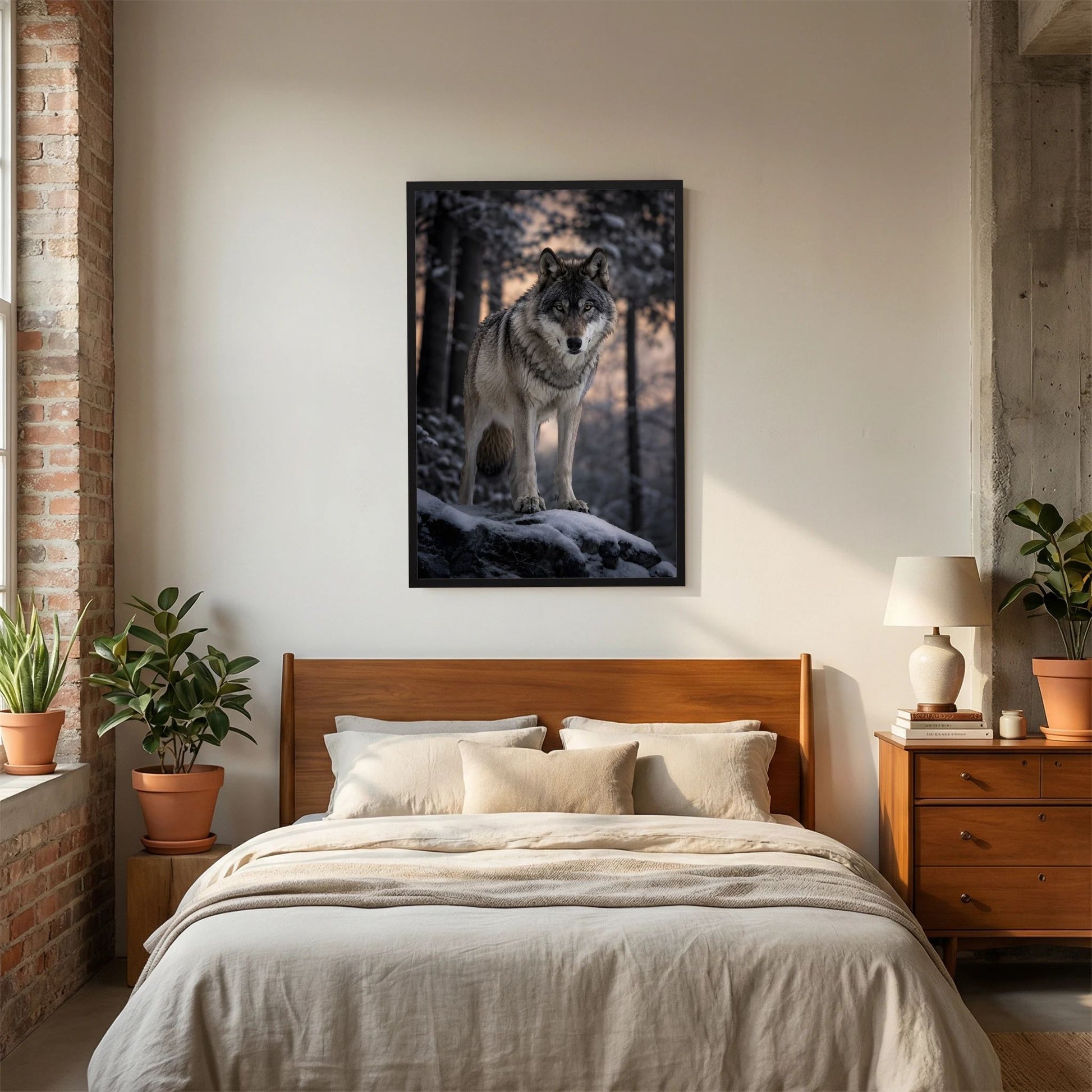 Wolf-Porträtposter im Hochformat, Grauwolf im Winterwald, schwarzer Rahmen über Bett