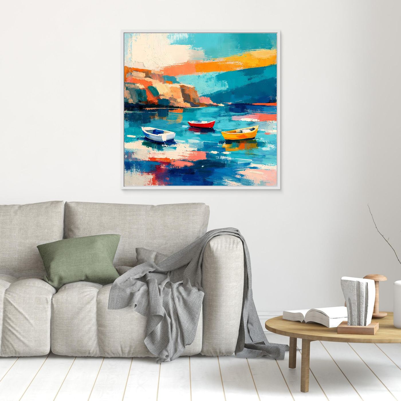 Kleines Leinwand-Wandbild mit abstrakter Küstenszene und drei Booten, weiß gerahmt