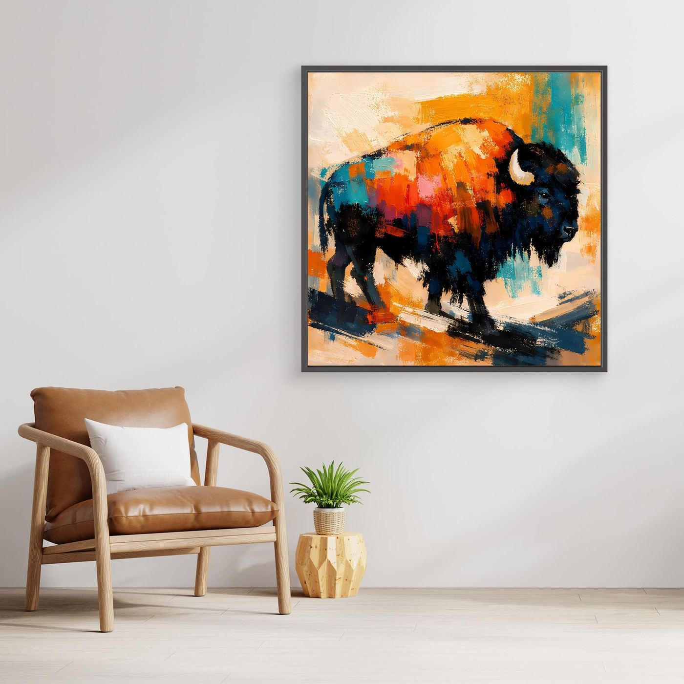 Abstract bison wall art with orange, teal, and black brushwork and dark frame