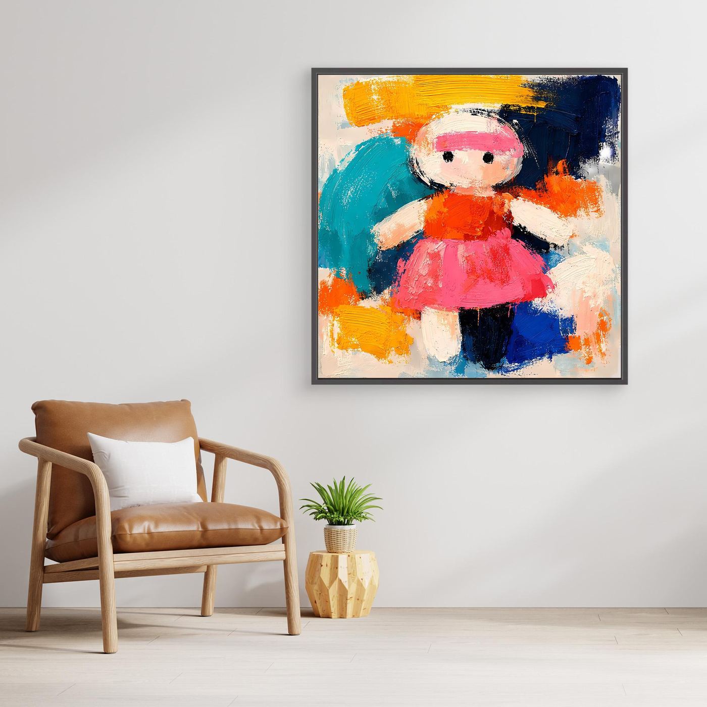 Abstract canvas wall art with colorful doll figure and modern brushstrokes, black frame