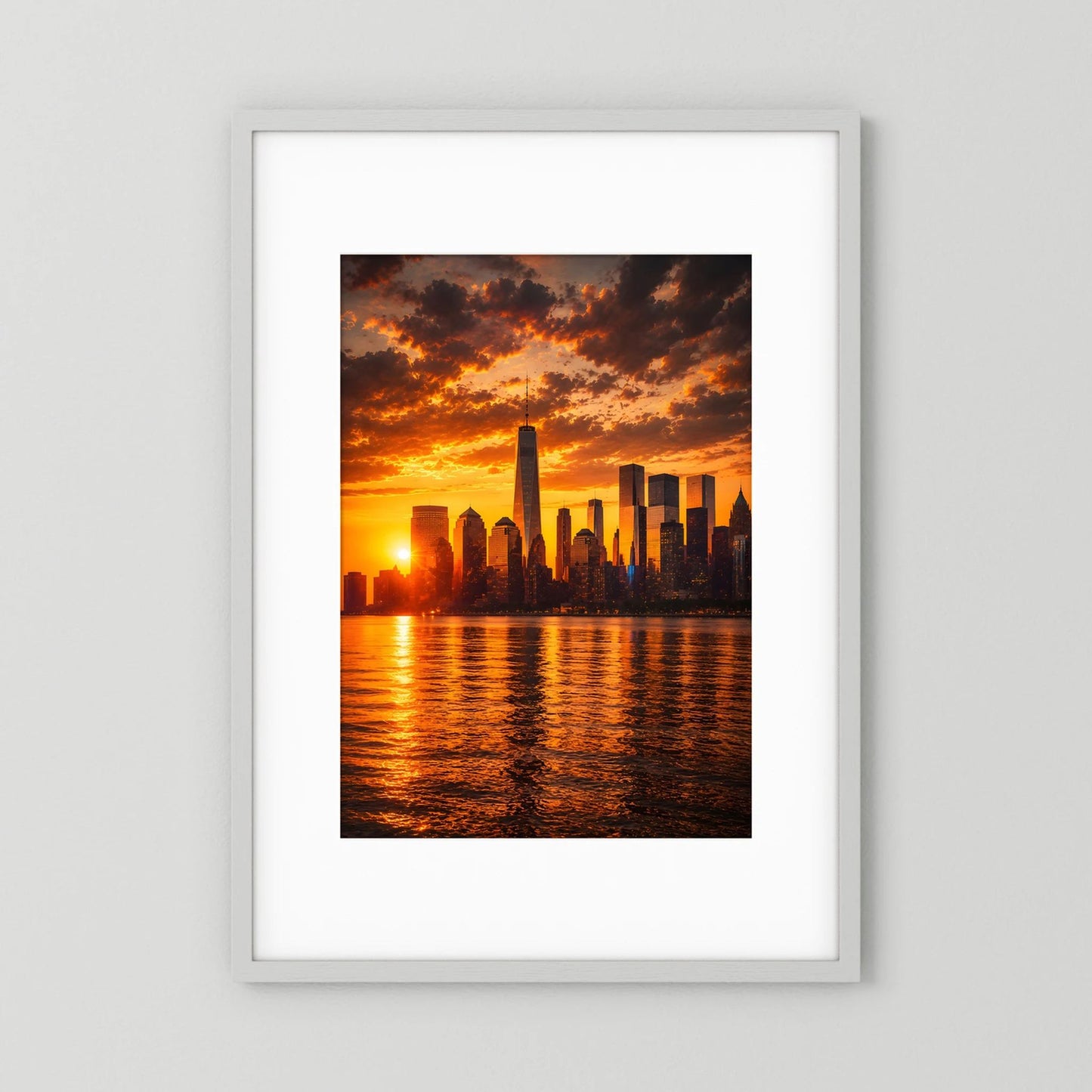 Gerahmtes Hochformat-Poster mit City-Skyline im orange-schwarzen Sonnenuntergang
