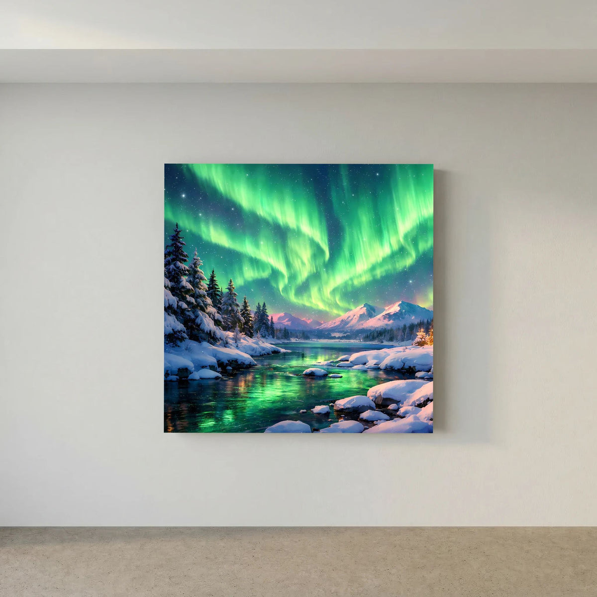 Leinwandbild mit Aurora am Nachthimmel über verschneiter Flusslandschaft auf Holzkeilrahmen