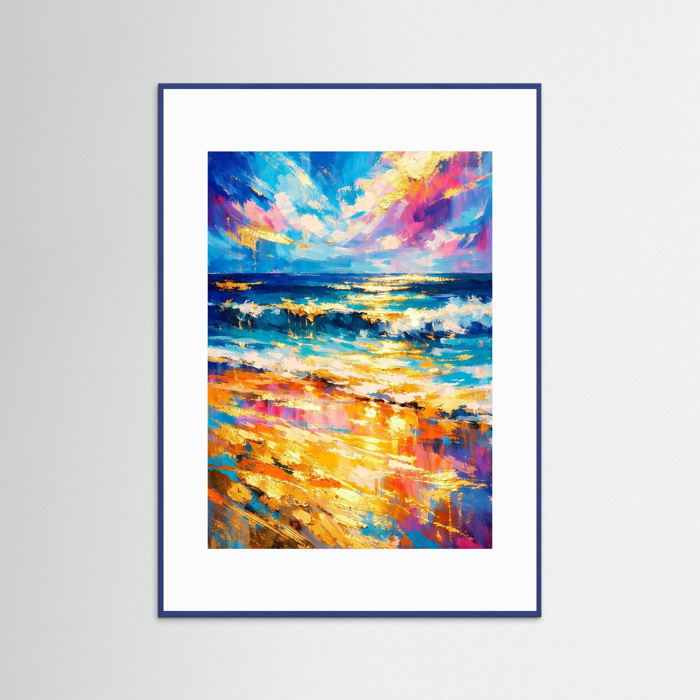 Wellenkunst-Poster im blauen Rahmen mit türkisfarbenem Küstengemälde, Hochformat