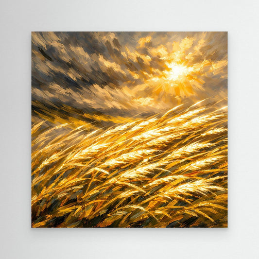 Leinwandbild mit goldenem Weizenfeld und abstraktem Sonnenuntergang, ohne Rahmen