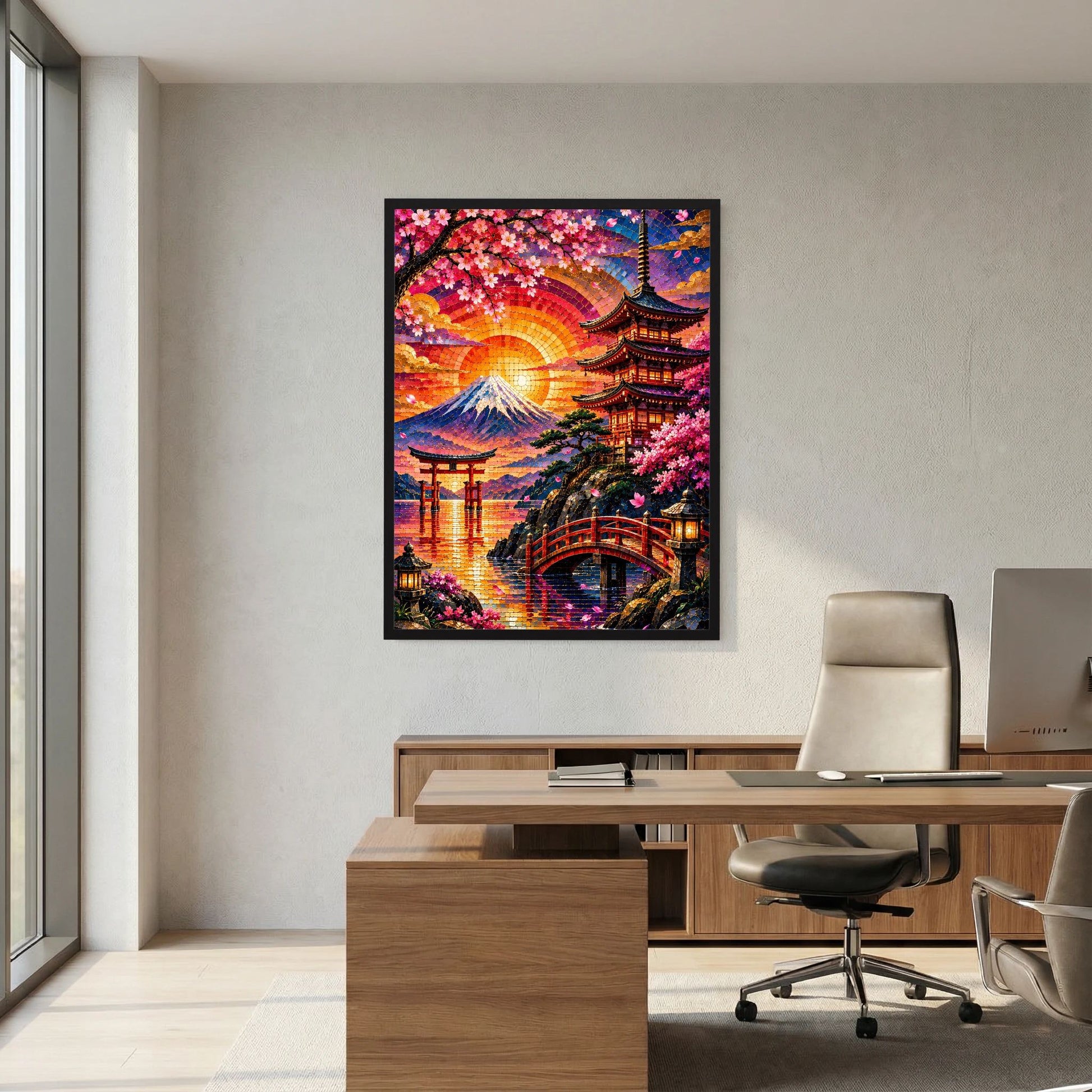 Wandposter im Hochformat mit schwarzem Rahmen, Mosaik-Landschaft mit Pagode und Sakura