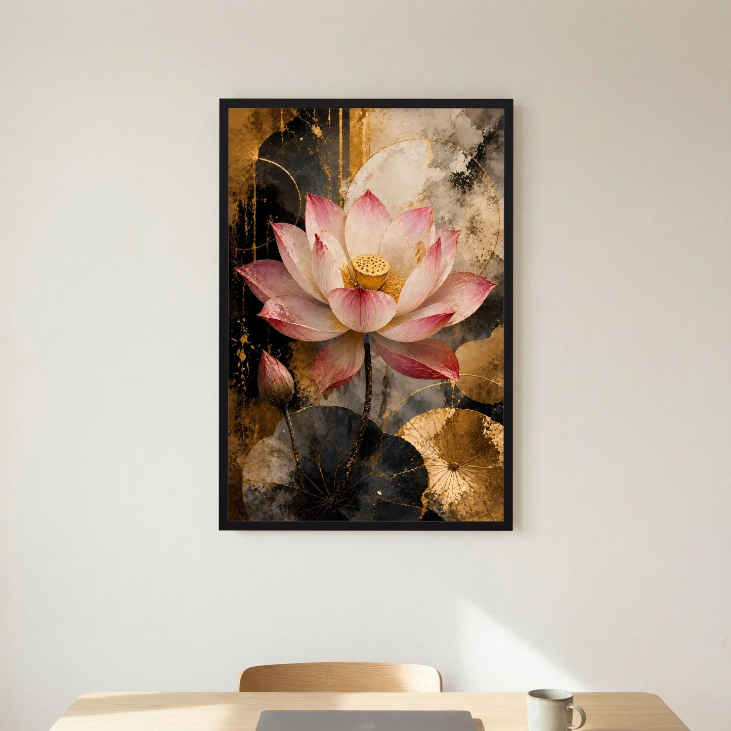 Rosa Lotusblüte in Gold & Schwarz | Elegante florale Kunst | Poster Hochformat