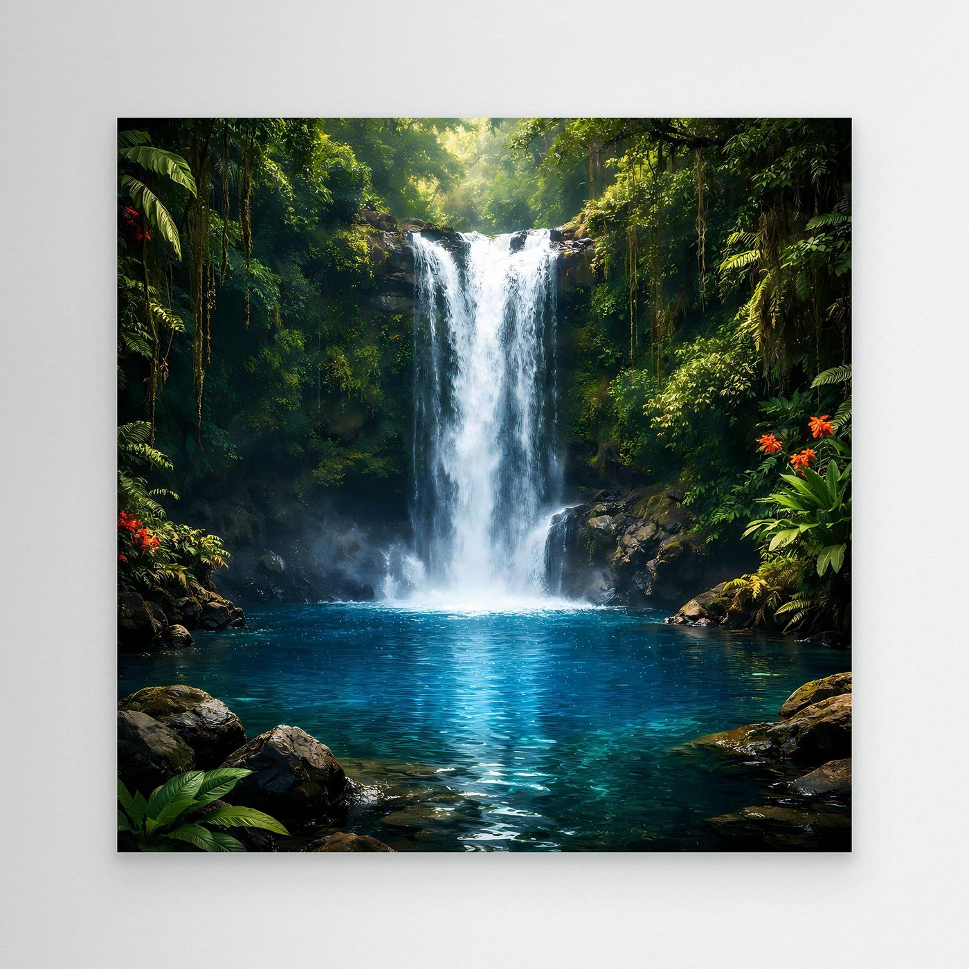 Leinwandbild mit Dschungel-Wasserfall und türkisblauem Becken, ohne sichtbaren Rahmen