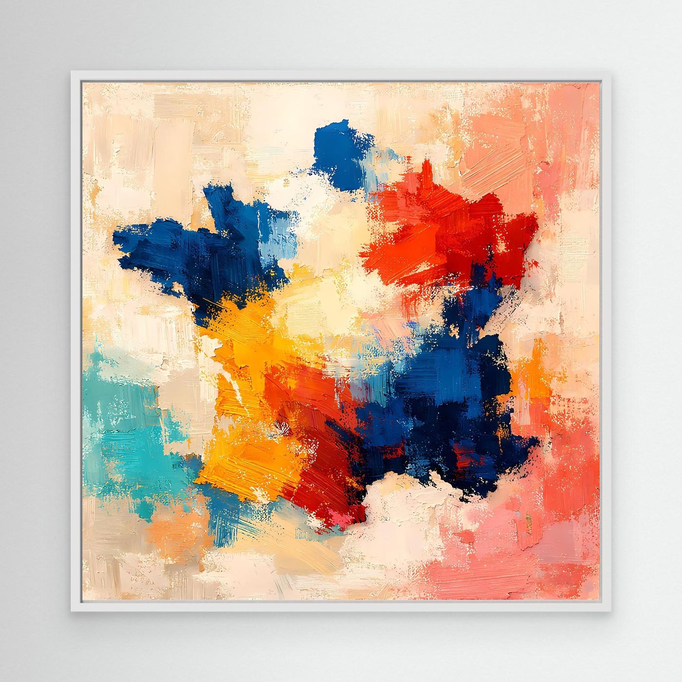 Abstract France map canvas wall art with blue, red, orange paint strokes, white frame