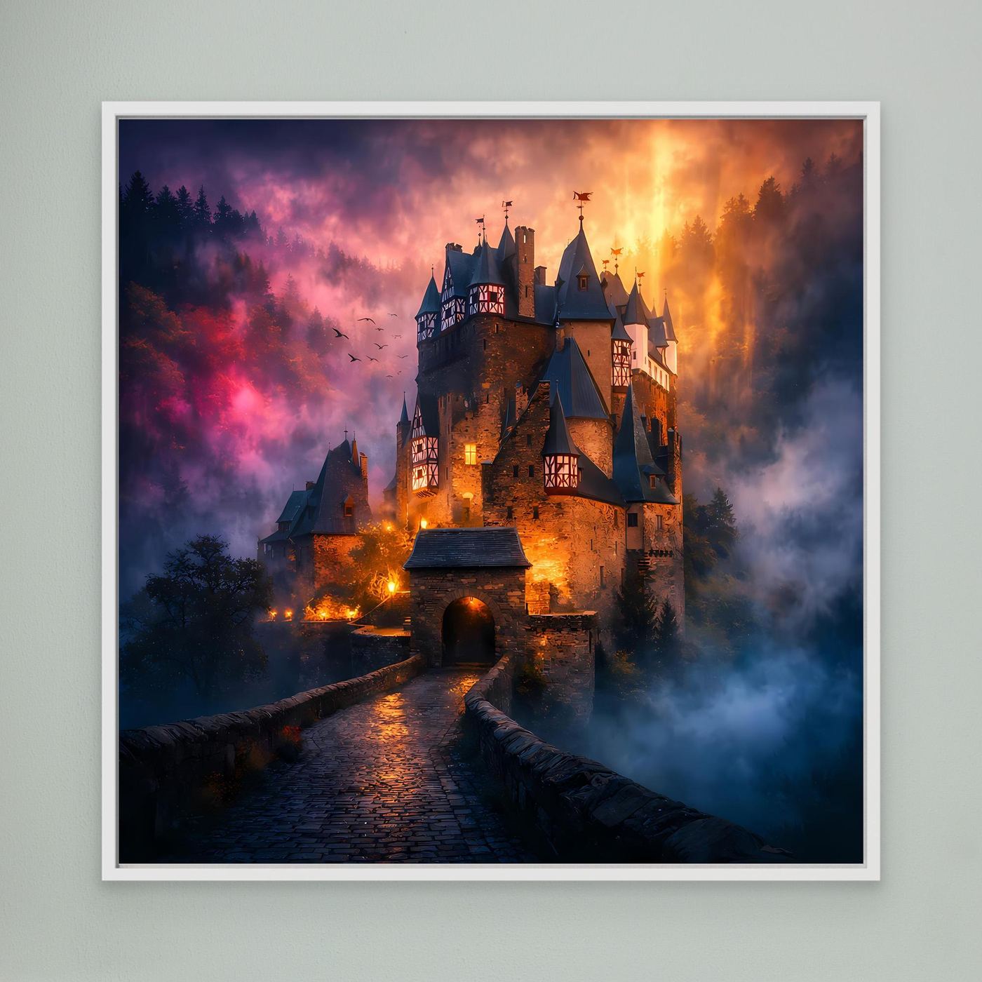 Leinwand Mystische Ritterburg im Nebel | Abstraktes Märchenschloss Wandbild