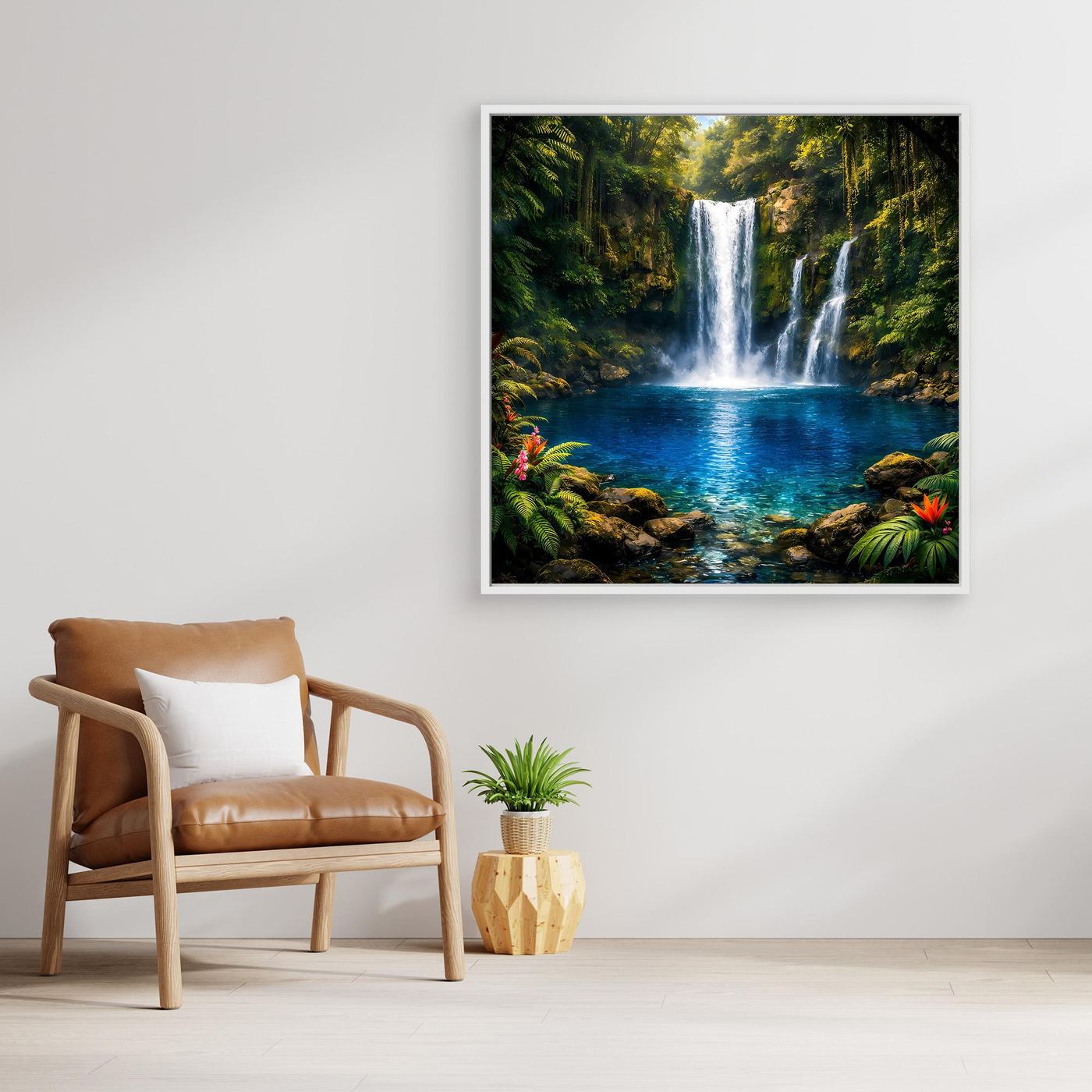Leinwandbild mit tropischem Wasserfall, türkisblauem Becken und grünem Wald im schwarzen Rahmen