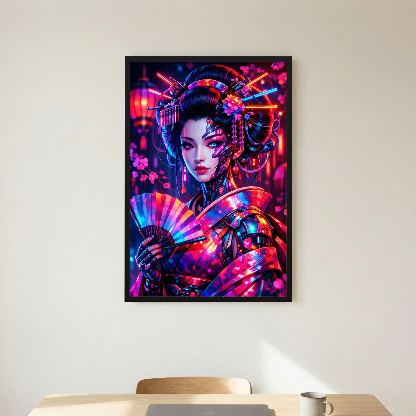 Neonkunst-Poster Cyber-Geisha, schwarzer Rahmen, zentrales Portrait, Hochformat.