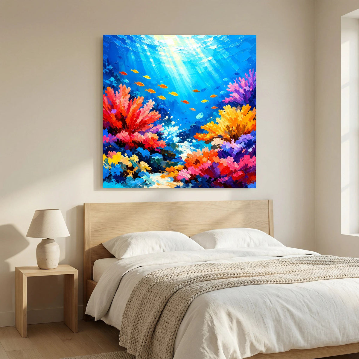 Quadratisches Leinwandbild: Korallenriff-Illustration mit farbigen Fischen und leuchtend blauem Hintergrund