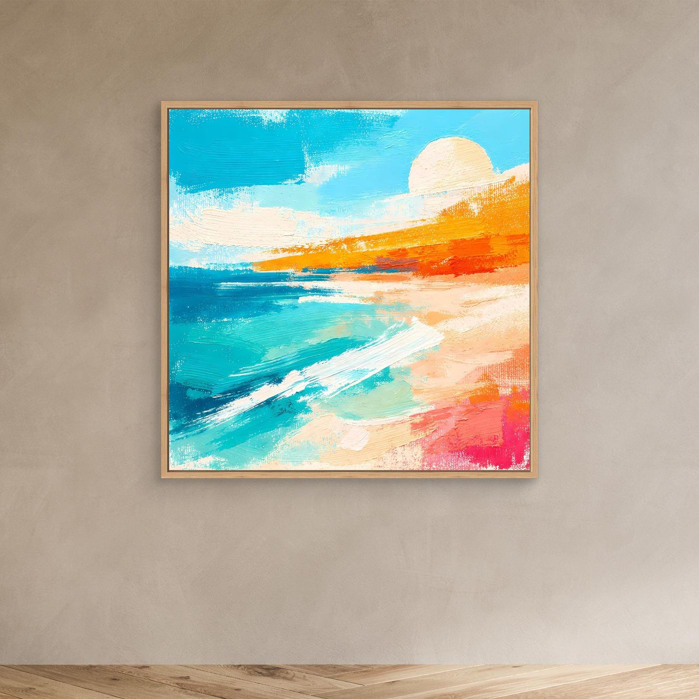 Abstract coastal canvas wall art with blue ocean, sandy beach, and orange sunset in light wood frame.