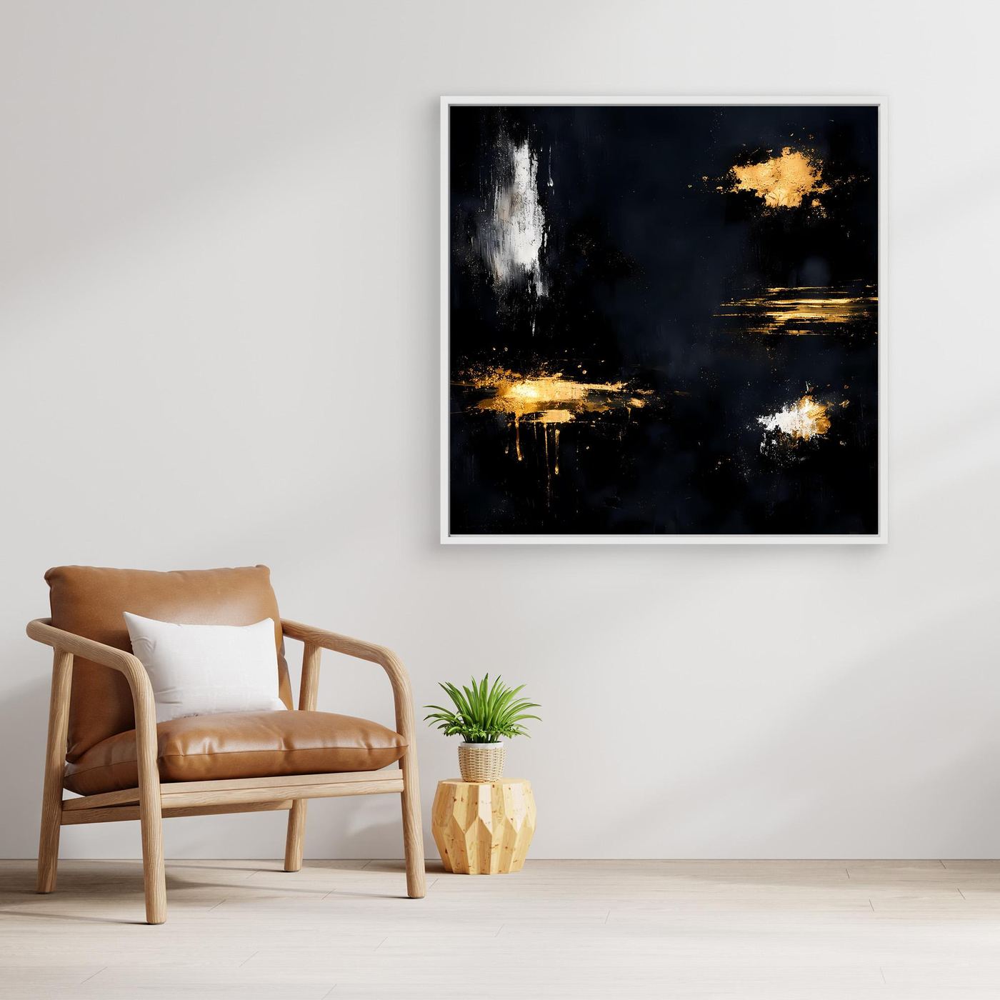 Leinwand Goldene Lichtakzente auf Schwarz | Modernes Abstraktes Minimalismus Wandbild