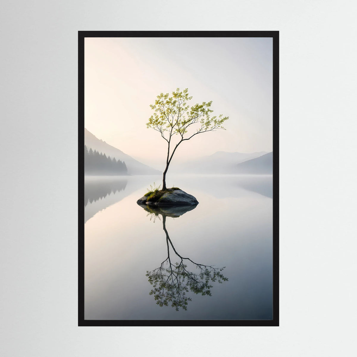 Einsamer Baum im Bergsee | Minimalistische Natur mit Spiegelung | Poster Hochformat
