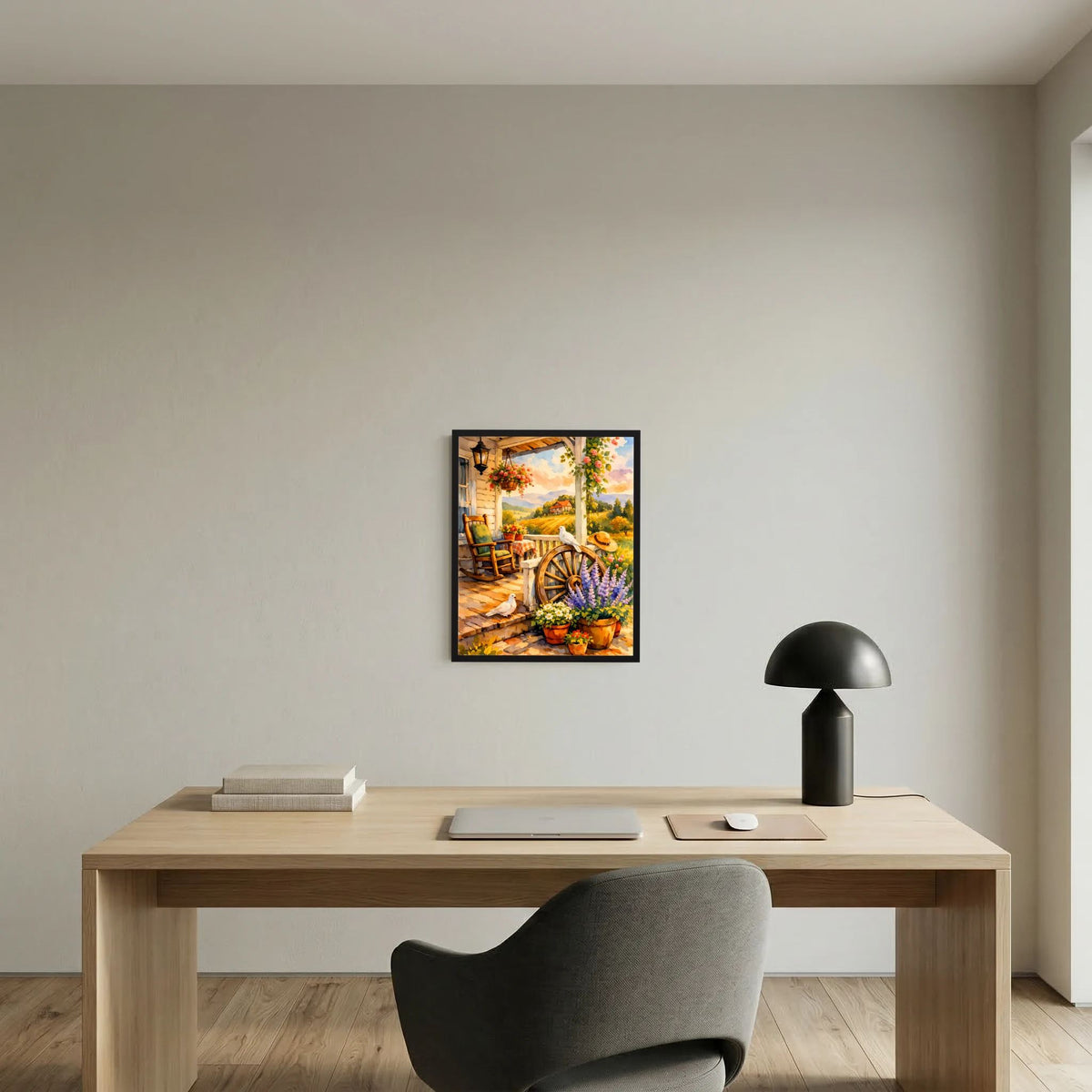 Gerahmtes Hochformat-Kunstposter über Holzarbeitsplatte: Veranda, Blumen, Tauben