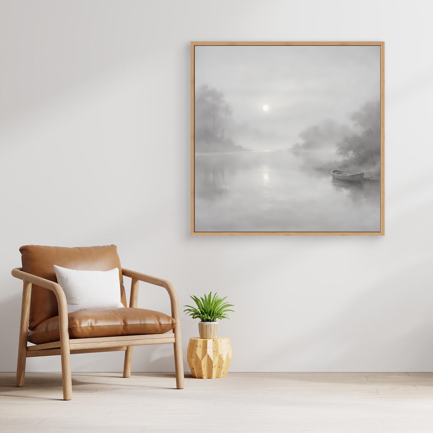 Leinwandbild mit nebligem Flussmotiv in Grau, Rahmen in Eiche