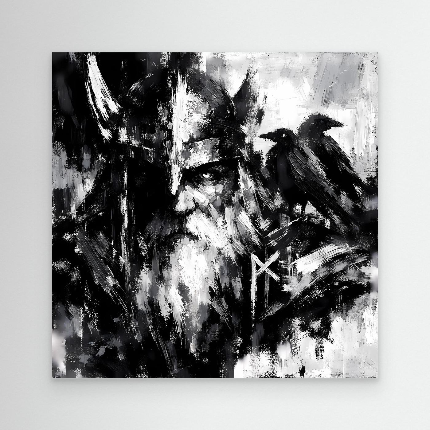 Leinwand-Wandbild mit Odin und Rabe in Schwarz-Weiß, abstrakte Pinselstruktur