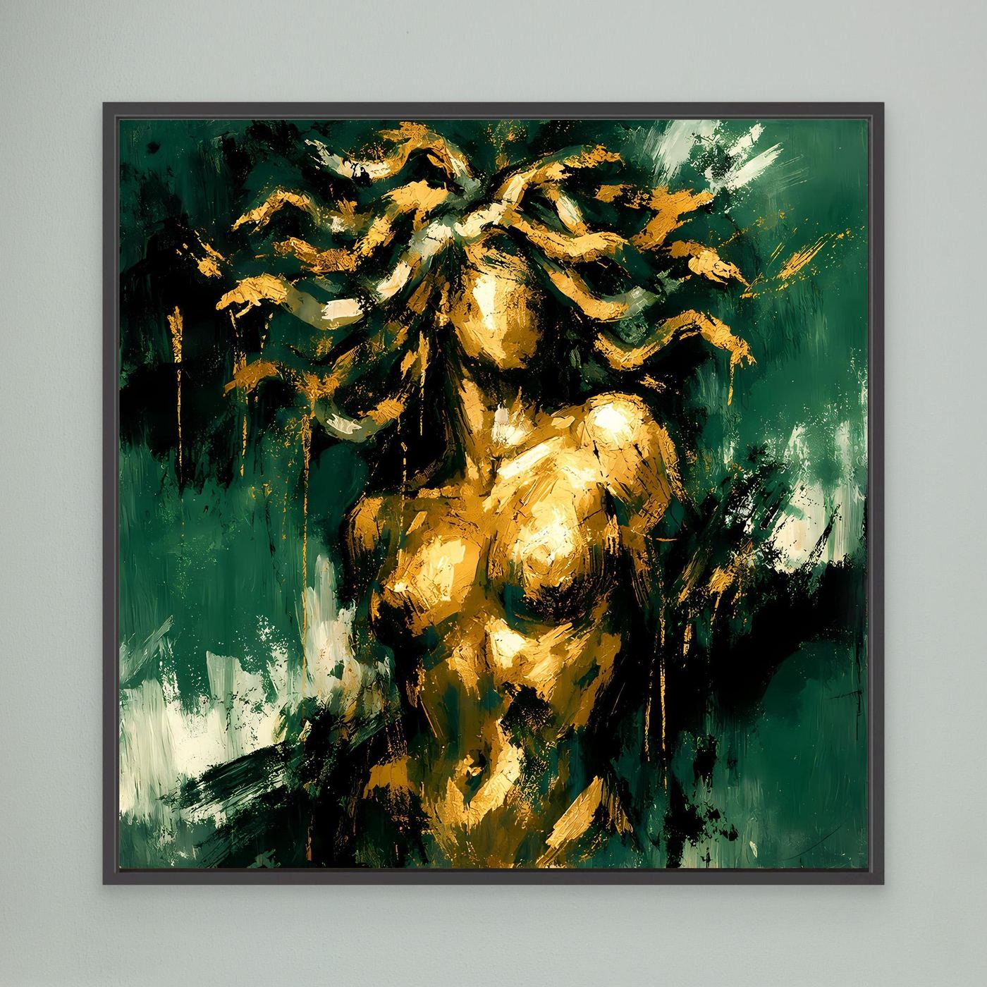 Leinwand Mystische Medusa in Smaragdgrün | Abstraktes Mythologie Wandbild Gold