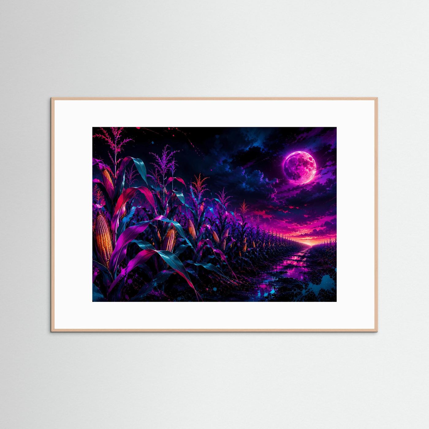 Neon-Maisfeld bei Vollmond | Mystische Fantasy-Landschaft in Pink, Lila & Blau
