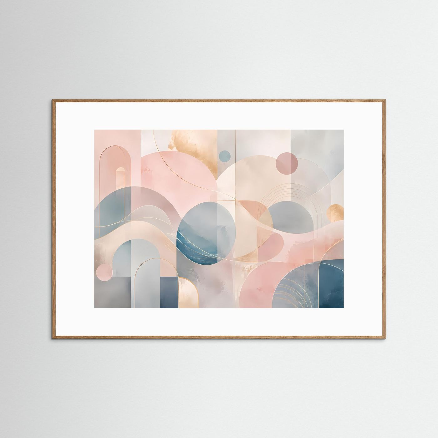 Abstrakte Geometrische Formen in Pastellrosa, Blau & Beige | Moderne Minimalistische Wandkunst mit Bögen, Kreisen und Goldenen Linien | Elegantes Premium Wandbild im Querformat