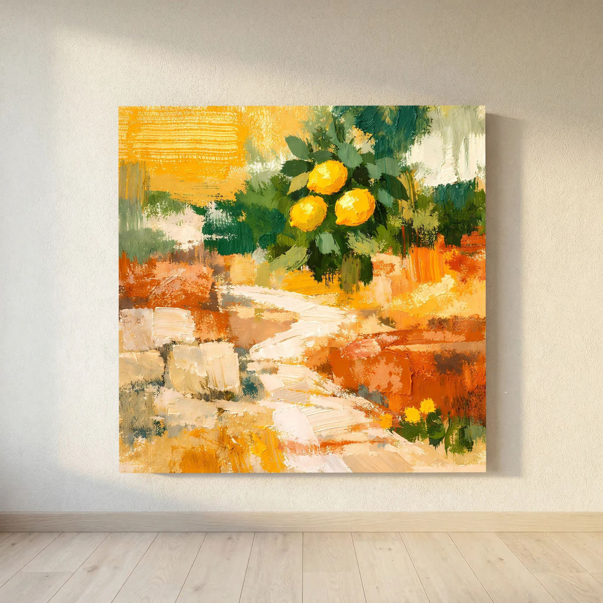 Wandbild mit abstraktem Pfadmotiv und gelbem Zitronenzweig in kräftigen Orange-Tönen