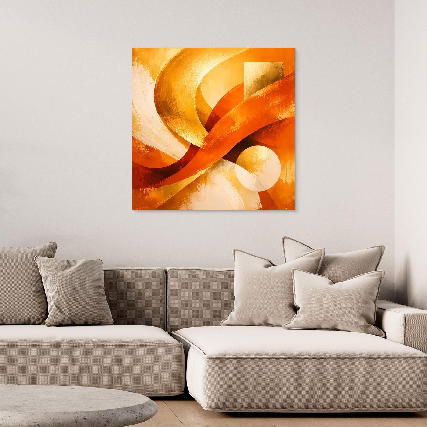 Quadratisches Leinwandbild mit goldenen und warm-orangen abstrakten Wellen, orange gerahmt.