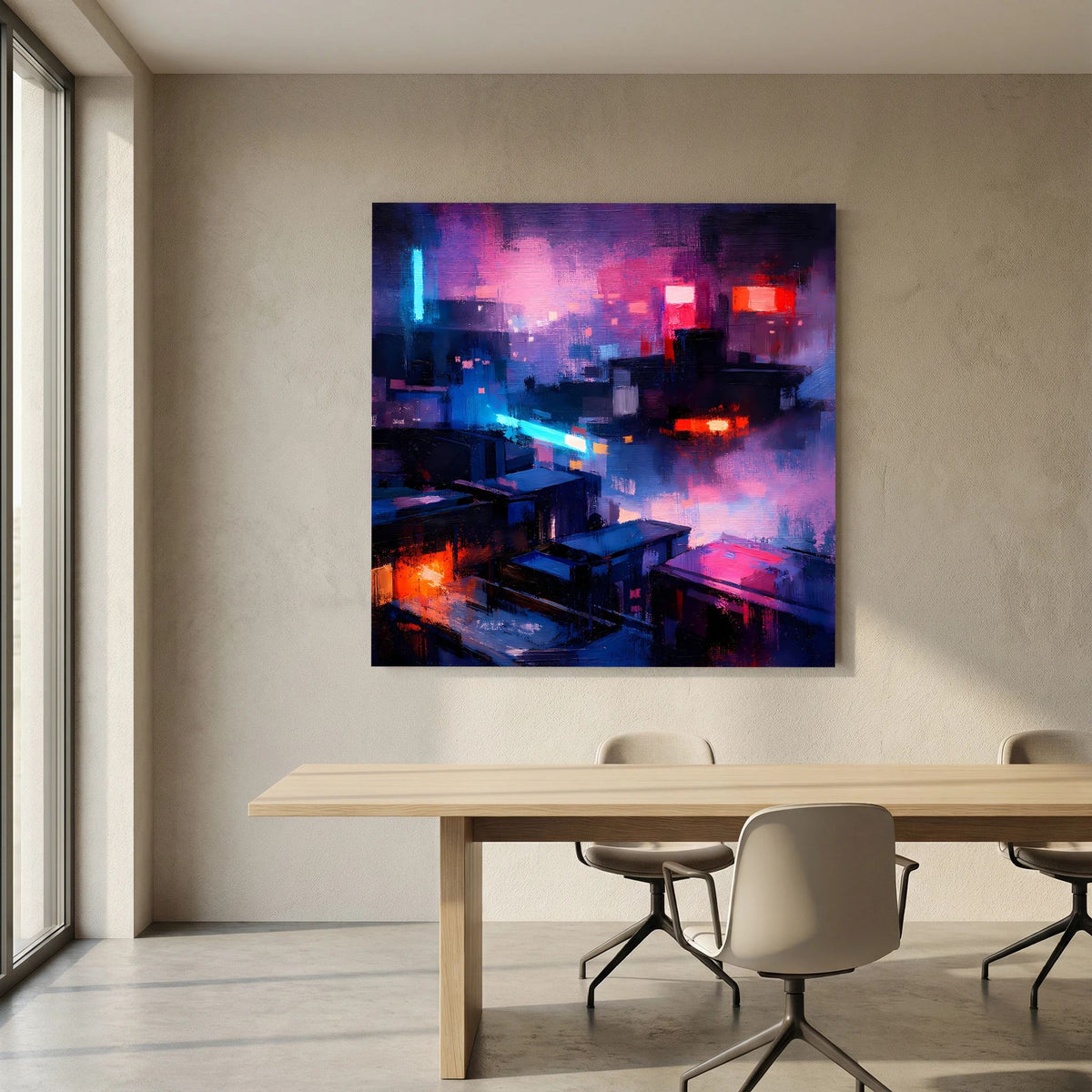 Leinwand-Wandbild mit Neon-Stadtmotiv, Pixel-/Spray-Textur in Lila, Blau und Pink