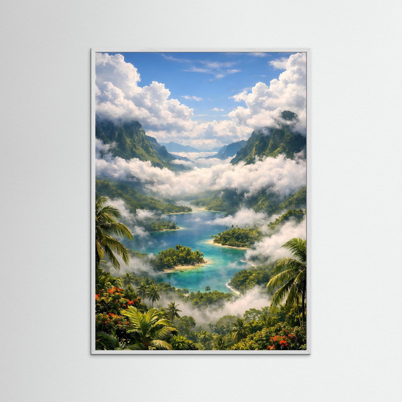 Poster im Hochformat mit grauem Rahmen: türkisfarbener Fluss, Palmen, Berge, Wolken