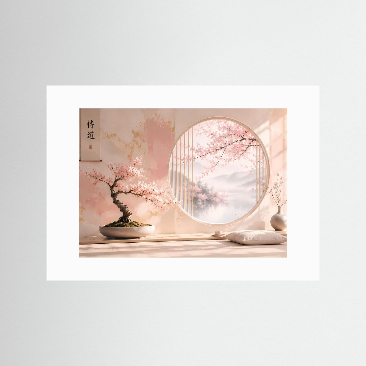 Japanischer Zen Garten mit Sakura Bonsai | Pastell Wandbild