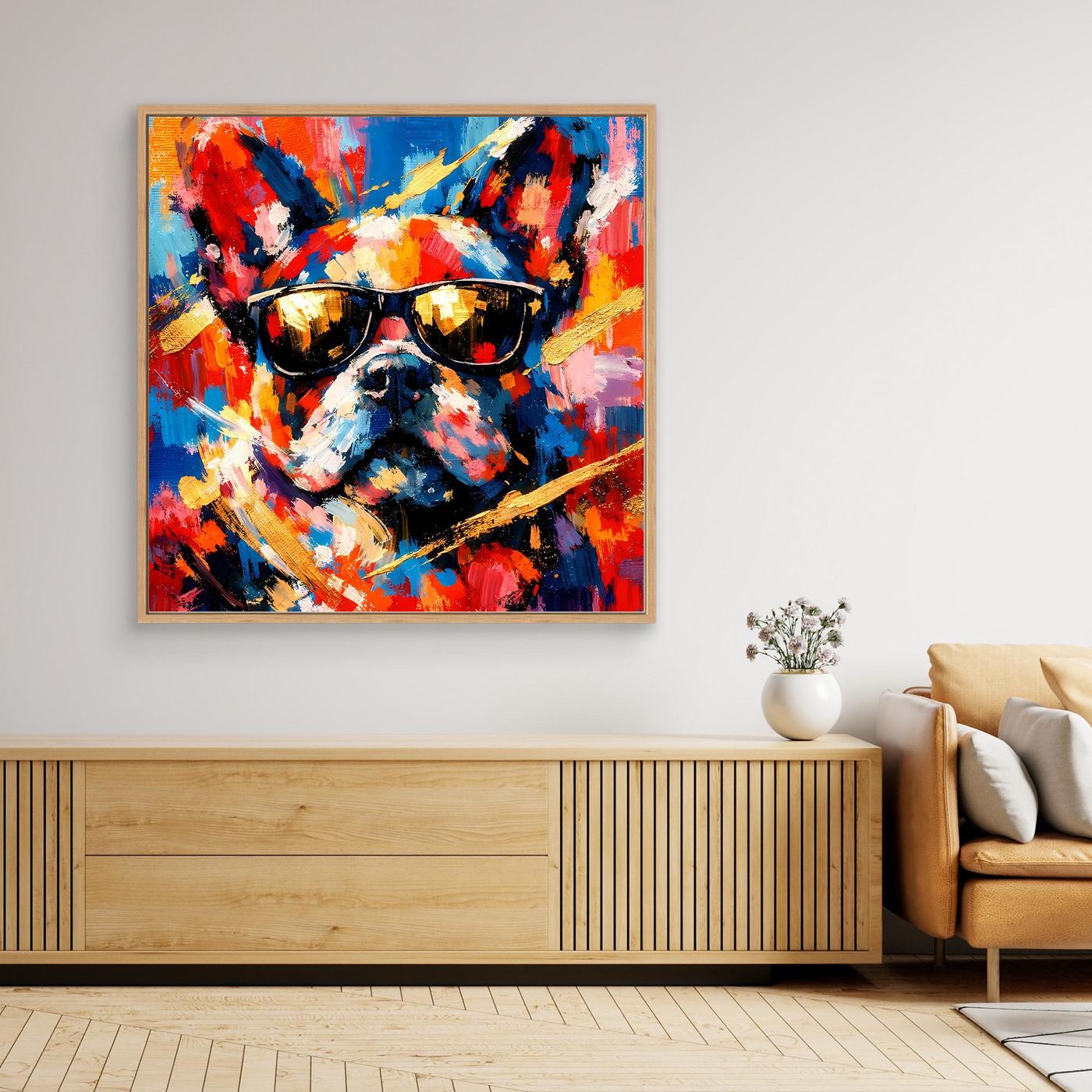 Leinwandbild mit abstrakter Französischer Bulldogge und Sonnenbrille, farbiges Gesichtsporträt