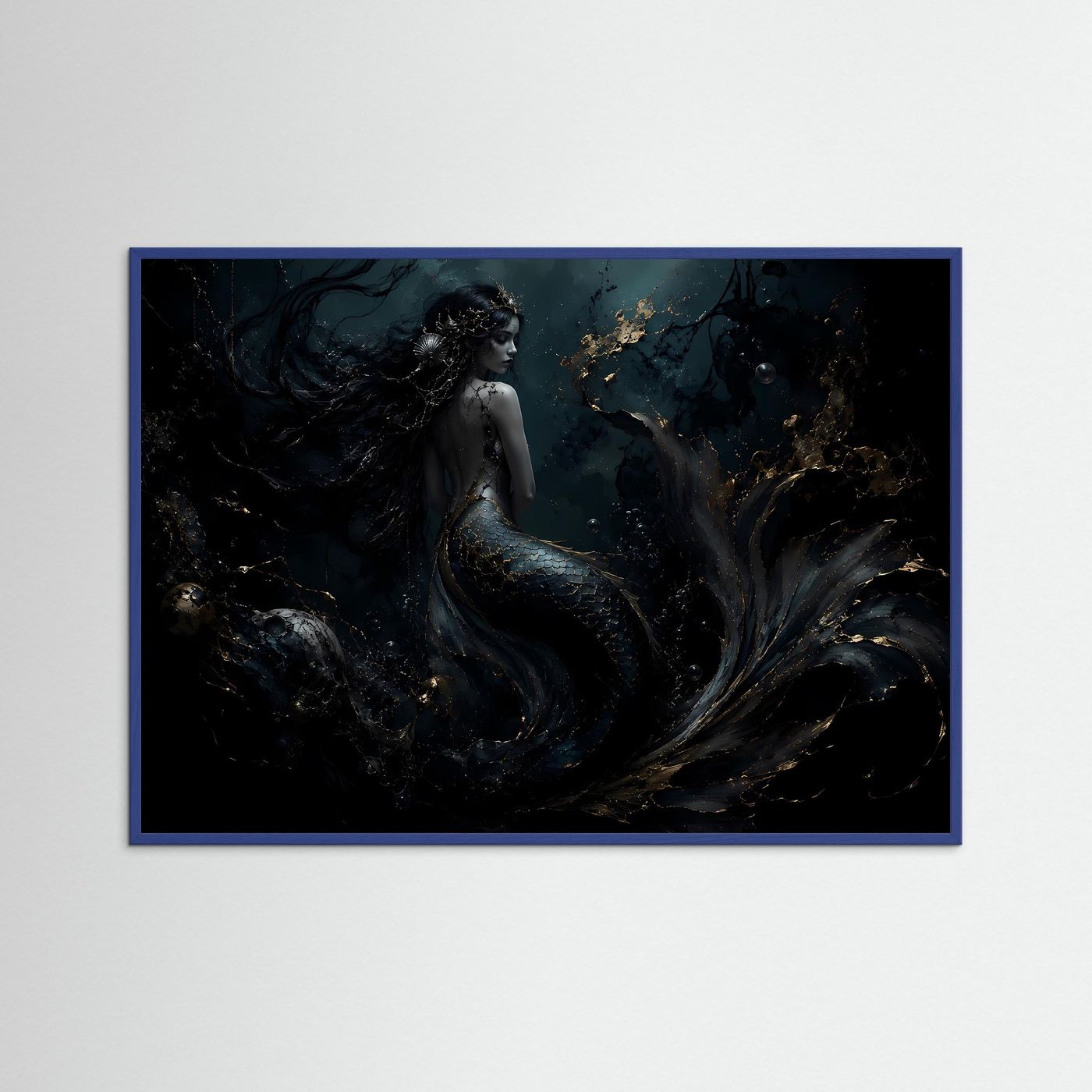 Meerjungfrau Poster | Mystische Unterwasser Kunst | Dunkle Fantasy Wanddeko | Gold Schwarz Leinwandbild | Elegante Meereskunst