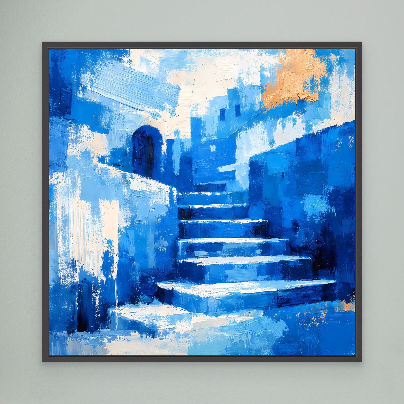 Blaues Leinwand-Wandbild mit Treppenmotiv, schwarzer Rahmen, orangefarbener Akzent