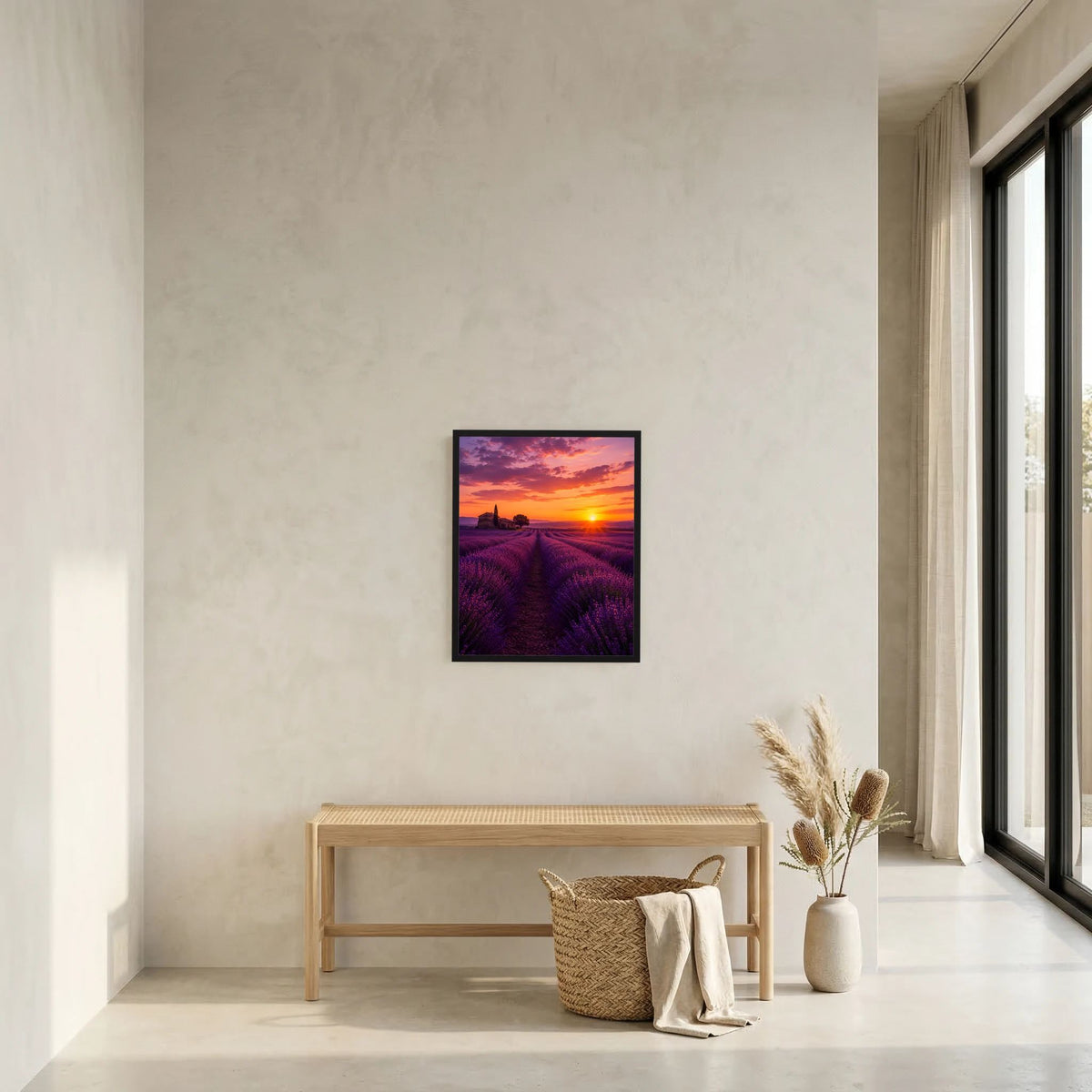 Kleines gerahmtes Landschaftsposter mit violettem Lavendelfeld und untergehender Sonne