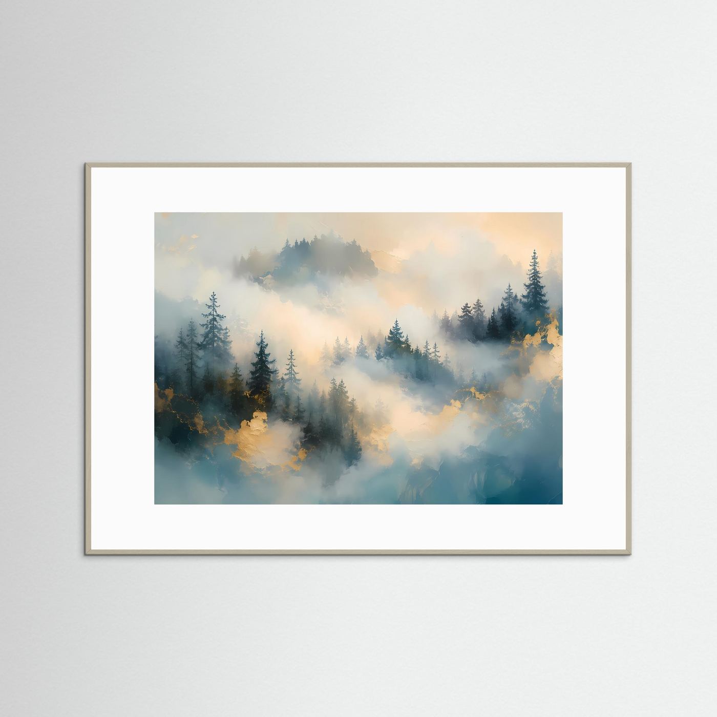 Nebelwald Poster | Mystischer Wald Wandbild | Abstrakte Landschaftskunst in Gold und Blau