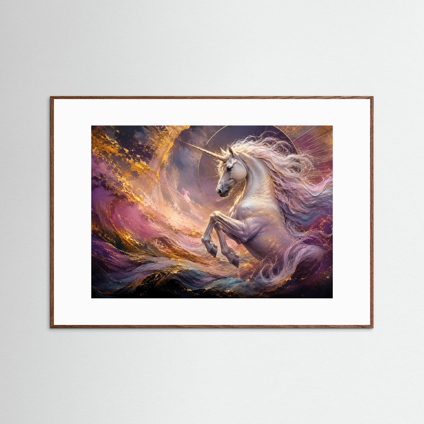 Querformatiges Einhorn-Kunstposter mit dunkler brauner Rahmenleiste und weißem Passepartout