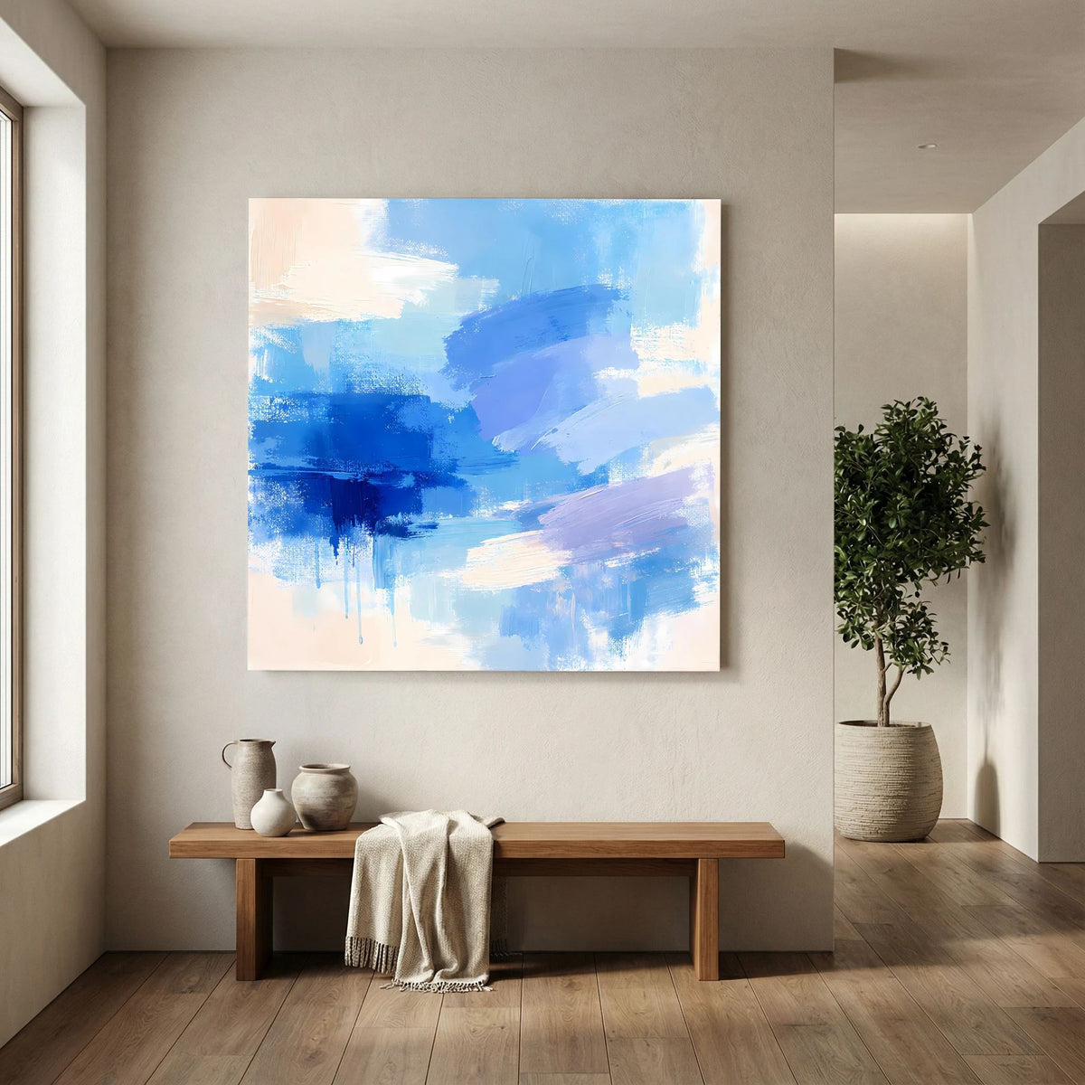 Leinwand Abstrakte Blaue Pinselstriche | Modernes Minimalistisches Wandbild Meer