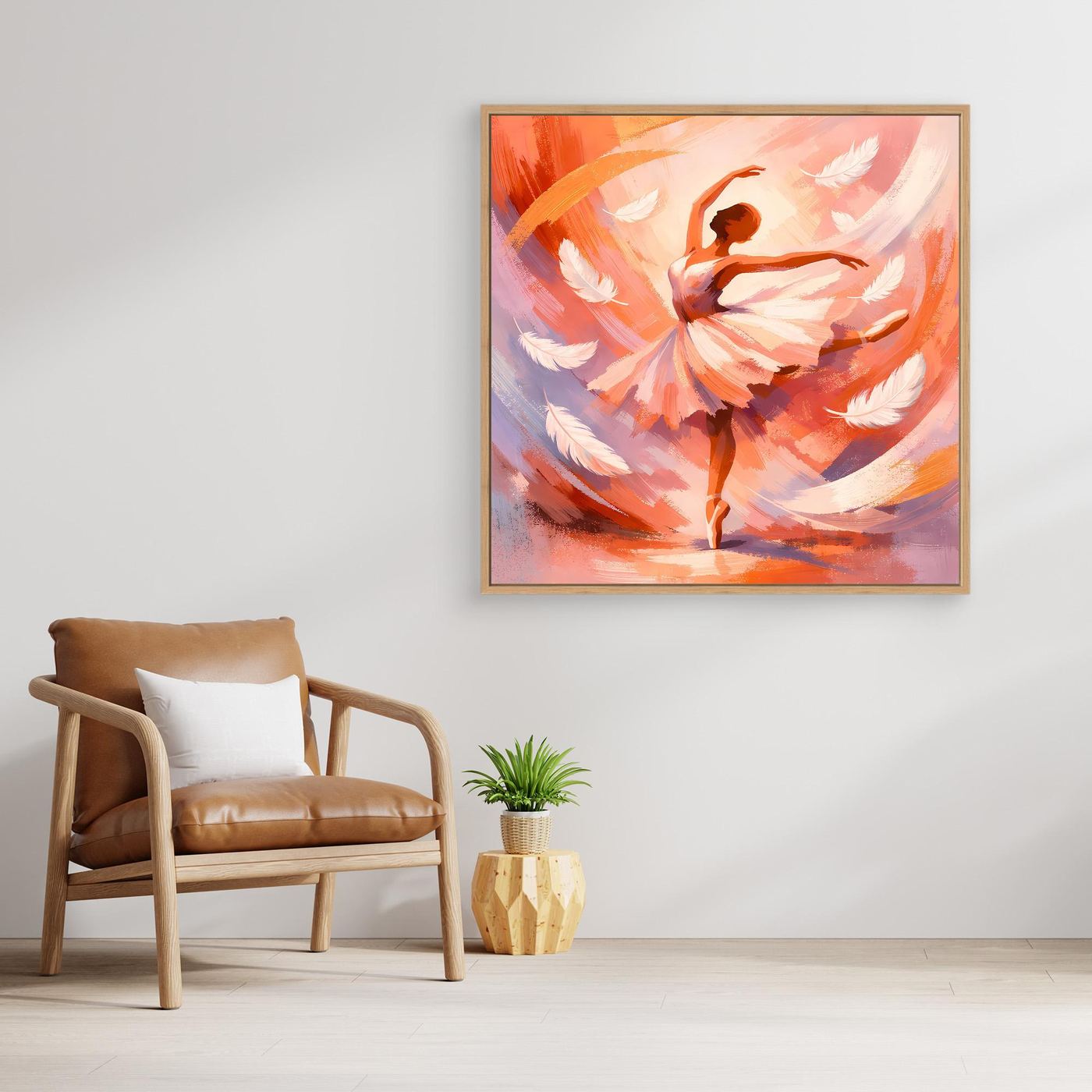 Abstraktes Leinwandbild mit Ballerina in warmen Orange- und Rosatönen, goldener Rahmen